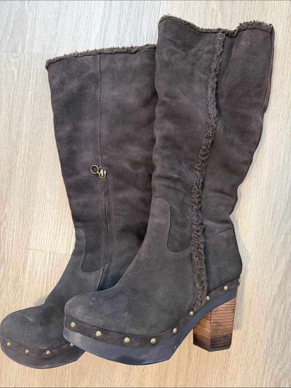 Denim & Supply Ralph Lauren Dark Brown Suede Shearling-Trim Heeled Boots